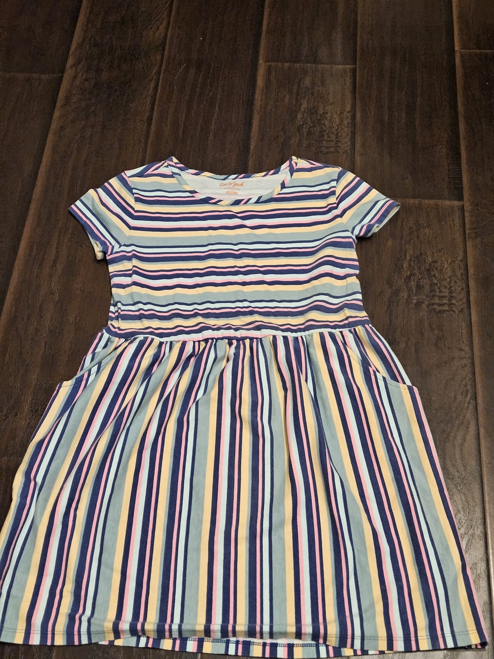 Cat & Jack Blue Pink Yellow Striped Short Sleeve Dress Girls Size large 10-12